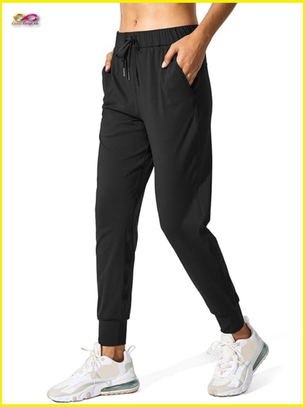 Women Joggers Pants Deep Pockets Drawstring Elastic Waist Cuffed Ankle Tapered